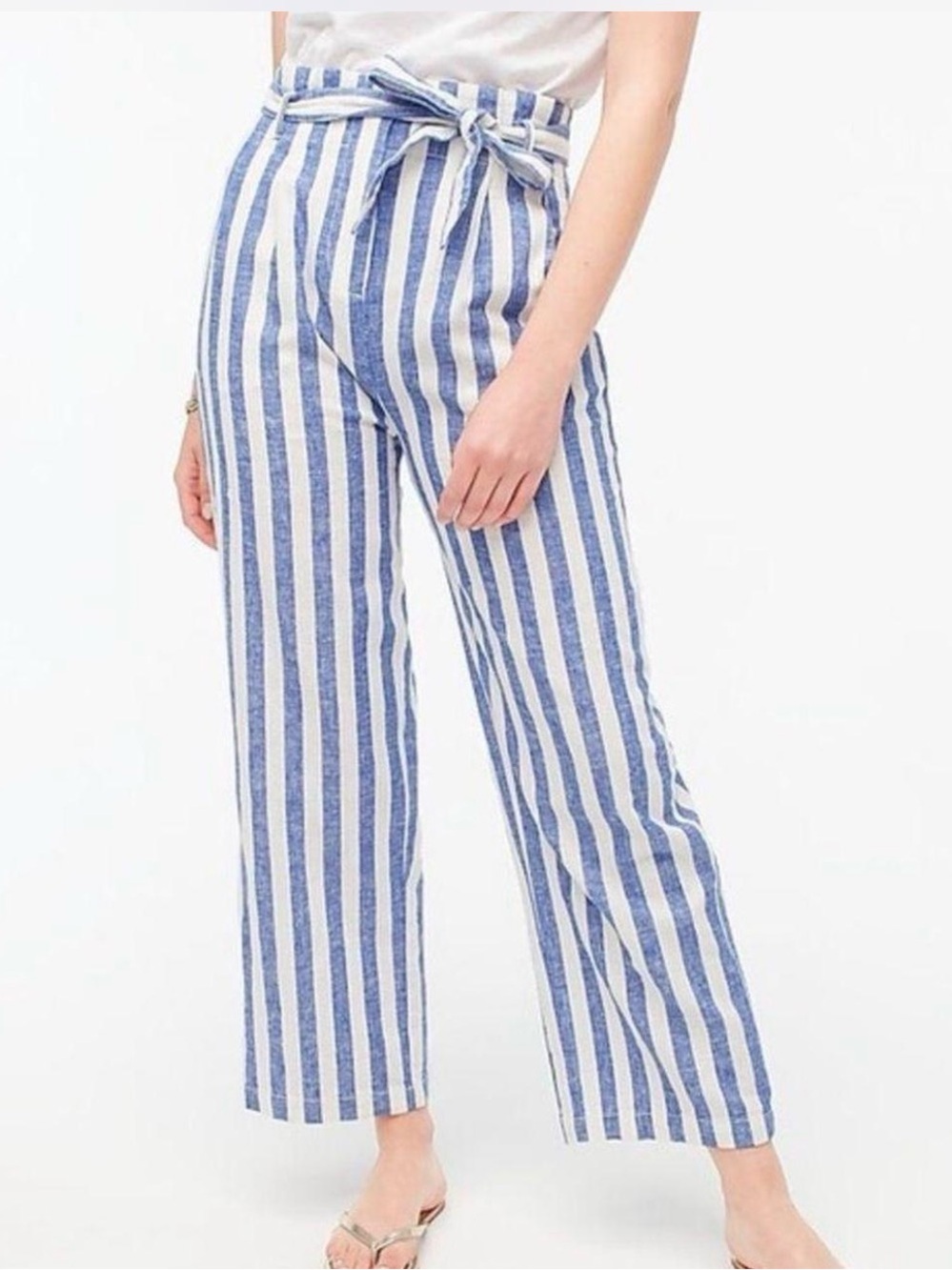 J. Crew Linen Cotton Paper Bag Blue and White Striped Tie-Waist Pants